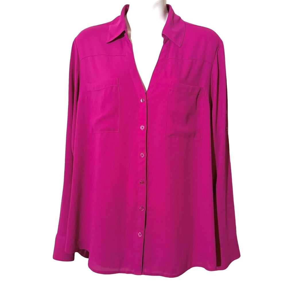 Express The Portofino Shirt Pink Button Up Chiffon Long Sleeve Top V-Neck sz L - Picture 9 of 16